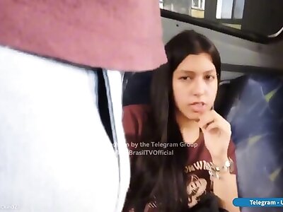 Horny Brazilian teen looking at big bulge on the bus
